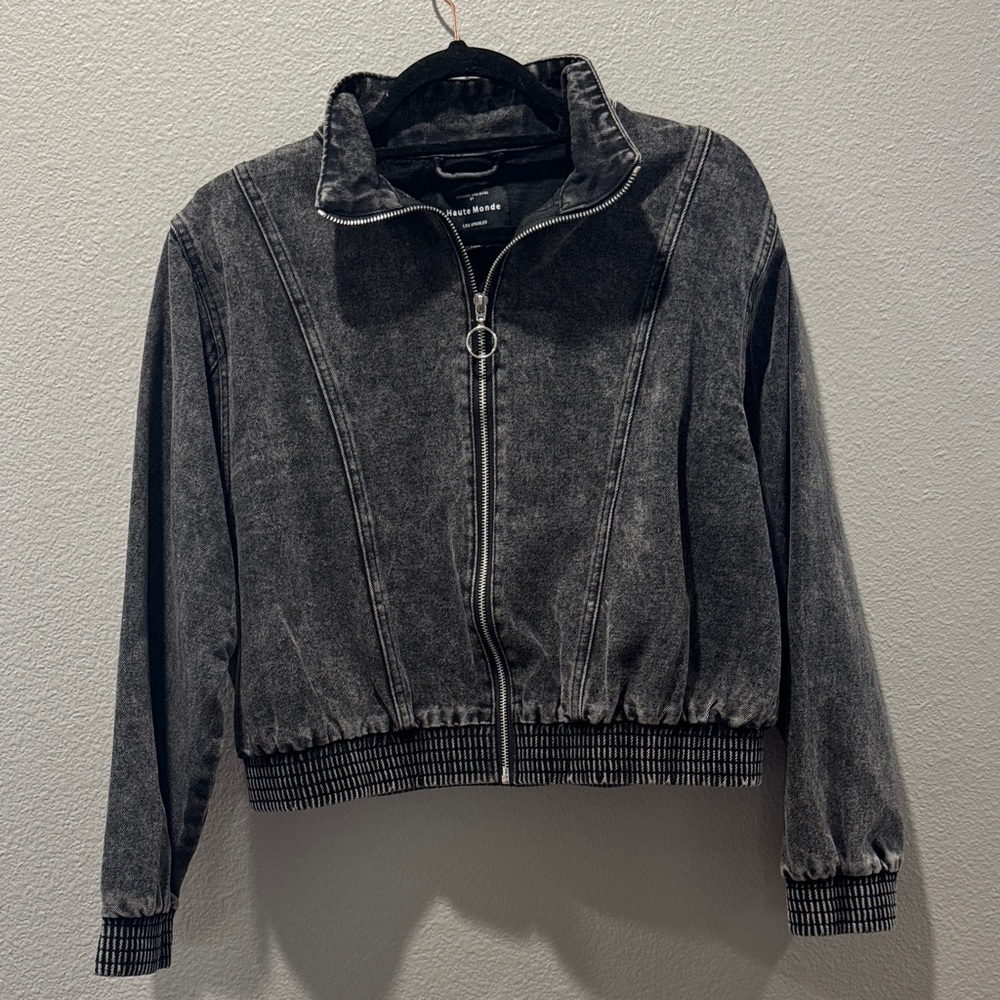 🖤 Haute Monde Black Cropped Zipper-Front Denim Jacket – Size L 🖤